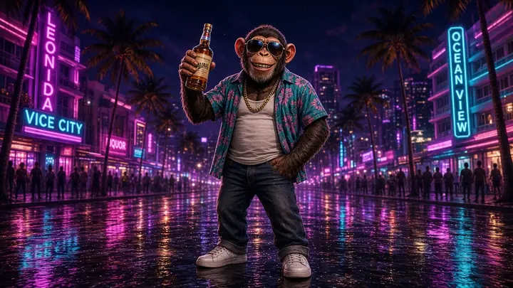 Vice Labs mascot on a neon Vice City street